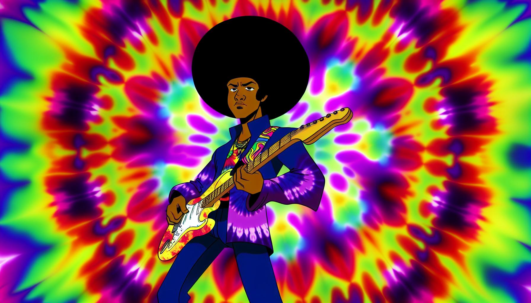 colorful cartoon of jimi hendrix in anime style with a tiedye background-1